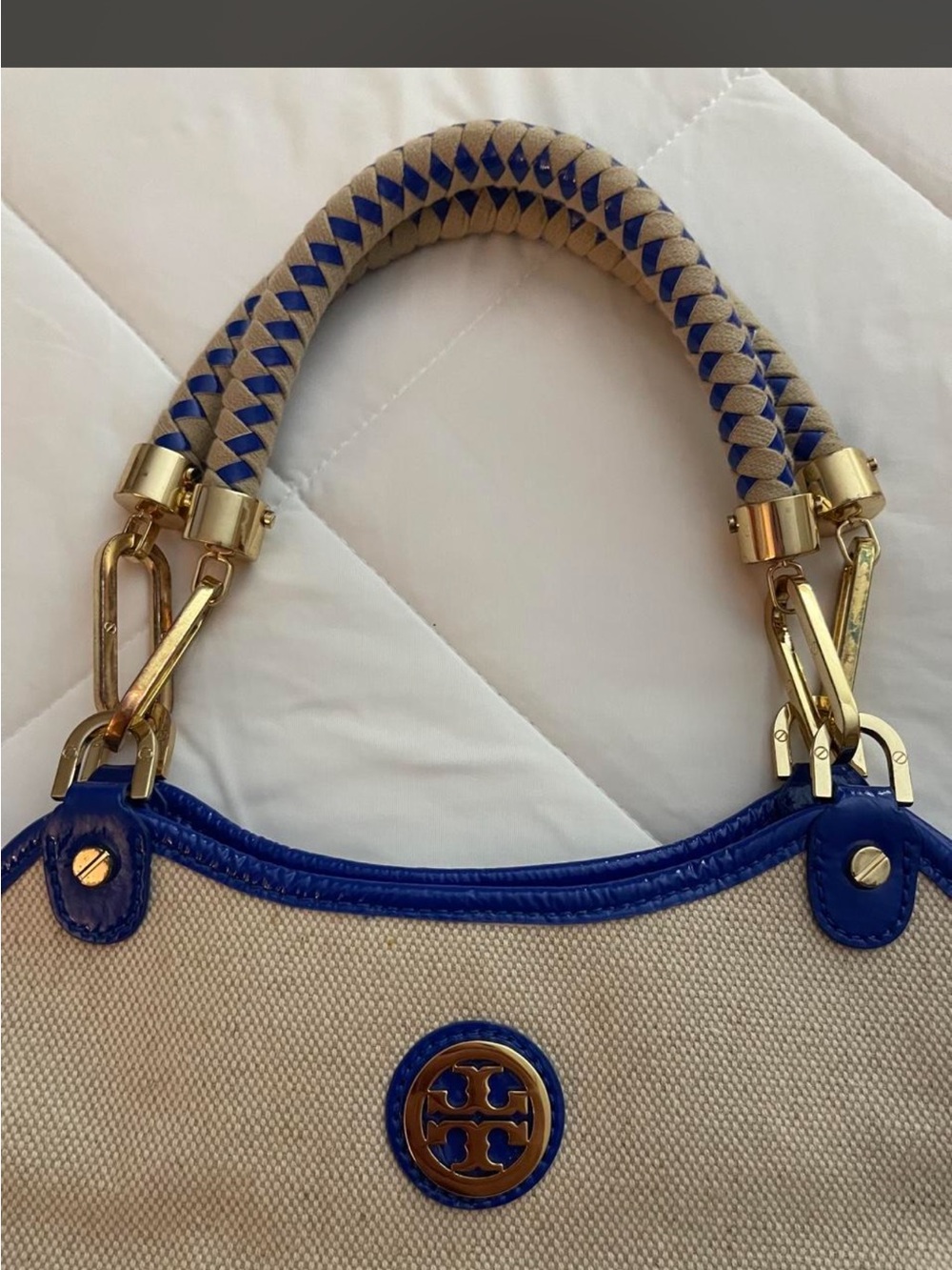 Tory Burch Beige Canvas Tote with Blue Trim and Braided Handles - Picture 8 of 8
